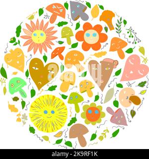 Jeu de personnages de champignons amusants. Des émotions différentes. Jolie collection de personnages de dessin animé. Motif de légumes coloré. Illustration de Vecteur