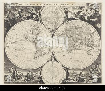 Carte du monde avec quatre hémisphères, Jan de Visscher, d'après Nicolaes Pietersz Berchem, c. 1670 - 1680 Banque D'Images