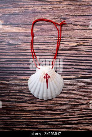 Pilgrim Scallop coquillages avec la Croix de l'ordre de Santiago. Symbole typique de pèlerinage dans le chemin de saint james isolé sur bois Banque D'Images