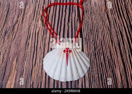 Pilgrim Scallop coquillages avec la Croix de l'ordre de Santiago. Symbole typique de pèlerinage dans le chemin de saint james isolé sur bois Banque D'Images