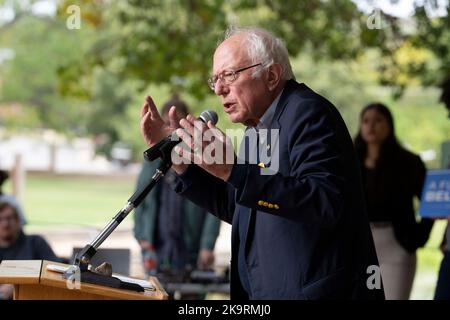 San Marcos, Texas, États-Unis. 29th octobre 2022. Le sénateur démocrate américain BERNIE SANDERS (D-VT) s'adresse à une foule avant de traverser Sewell Park jusqu'à un bureau de vote sur le campus de l'État du Texas et de participer au rassemblement des votes sur 29 octobre 2022. Le rassemblement a eu lieu sur le campus de l'État du Texas avant les élections cruciales de mi-mandat de novembre. (Image de crédit : © Bob Daemmrich/ZUMA Press Wire) Banque D'Images