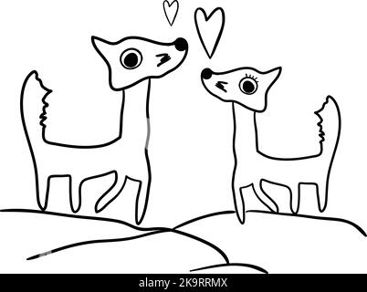Caricature de deux petits animaux heureux et de coeurs. Illustration de Vecteur