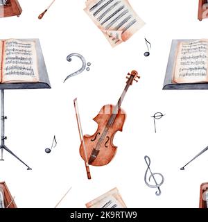 Violon, support musical, Notes et partitions aquarelle motif sans couture sur fond blanc. Pour l'emballage du papier, du tissu et d'autres motifs d'impression Banque D'Images
