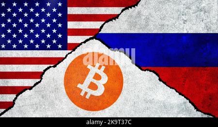 Drapeau des États-Unis, Russie et symbole Bitcoin ensemble sur un mur texturé. États-Unis Russie conflit et crypto-monnaie concept Banque D'Images