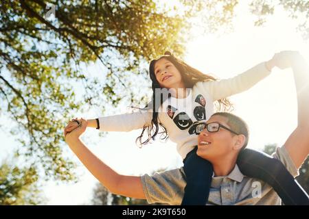 Je suis si grand maintenant. Photo sous angle d'un adolescent portant son adorable petit frère sur ses épaules à l'extérieur. Banque D'Images