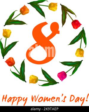 Carte de fête des femmes avec fleurs printanières. Couronne colorée de tulipes sur fond blanc. Illustration de Vecteur