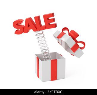 Solde sur un printemps à partir d'une boîte pour cadeaux. Boîte cadeau avec ruban rouge et noeud. Isolée sur fond blanc. 3d rendu. Banque D'Images