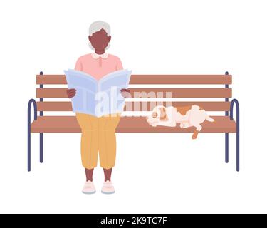 Vieille dame assise sur le banc dans le parc semi-plat personnages vectoriels de couleur Illustration de Vecteur