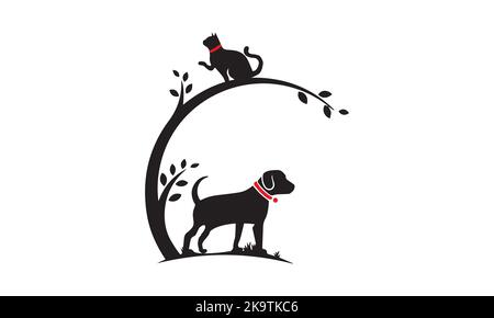 Modèle de motif chien avec logo chat et arbre. Illustration vectorielle. Illustration de Vecteur
