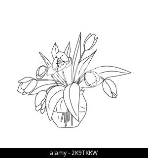 Bouquet de fleurs de tulipe de printemps dans un vase. Illustration vectorielle. Élément de conception pour affiche, livre de coloriage, autocollants, cartes Illustration de Vecteur