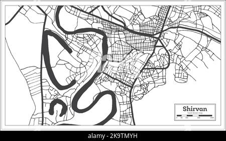Carte de la ville de Shirvan Azerbaidjan en noir et blanc couleur rétro isolé sur blanc. Carte de contour. Illustration vectorielle. Illustration de Vecteur