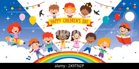 Enfants multiethniques jouant sur Rainbow Illustration de Vecteur