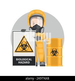 Travailleur industriel avec panneau d'avertissement de risque biologique. Matériaux biologiques du baril. Danger biologique. Gestion des substances et matériaux dangereux. Indus Illustration de Vecteur