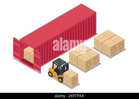 Chariot élévateur isométrique déchargeant les caisses empilées sur palette à partir du conteneur rouge au quai de déchargement. Sécurité lors de la manipulation d'un chariot élévateur. Logistique industrielle Illustration de Vecteur