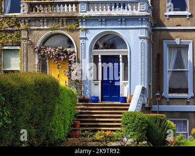 Maisons typiques avec escalier et petit jardin à l'avant, portes colorées, bleu et jaune, printemps à Dublin, Irlande Banque D'Images