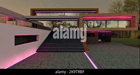 Éclairage de l'extérieur du bâtiment avec une bande de LED rouge. Villa de campagne avancée dans l'obscurité de la nuit. 3d rendu. Banque D'Images