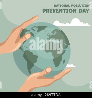 Conception de la planète tenue par deux mains et texte de la journée nationale de prévention de la pollution. Affiche de sensibilisation à l'attention à l'environnement Illustration de Vecteur