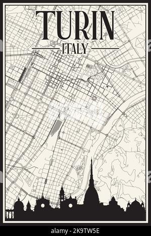Carte imprimée du réseau des rues du centre-ville de TURIN, ITALIE Illustration de Vecteur