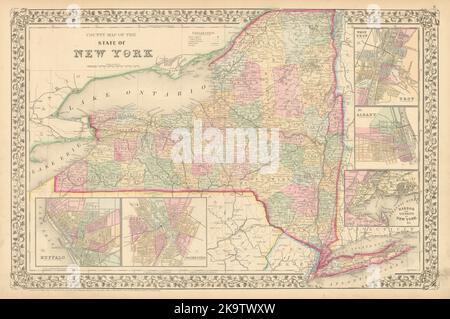 Carte du comté de l'État de New York. Albany Troy Rochester Buffalo MITCHELL 1869 Banque D'Images