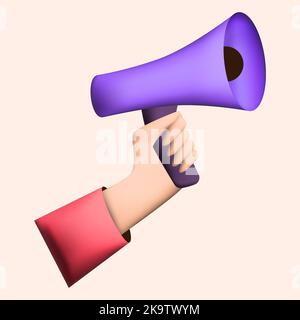 3D revoir le concept SMM. Haut-parleur main. Mégaphone avec icônes de réseaux sociaux. Concept de marketing sur les médias sociaux Illustration de Vecteur