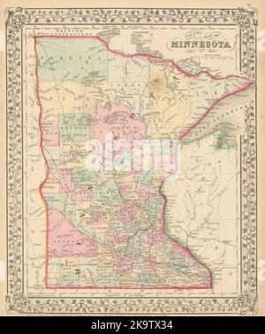 Carte du comté du Minnesota par Samuel Augustus Mitchell. Carte d'état 1869 ancienne Banque D'Images