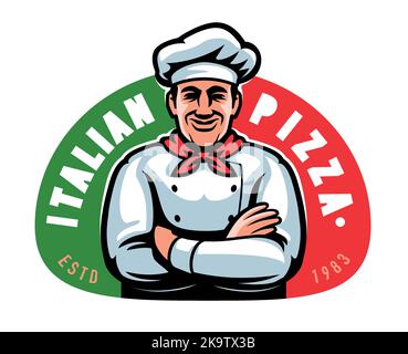 Logo PIZZA. Chef, badge de nourriture italienne, étiquette. Emblème pour la conception du menu du restaurant ou panneau. Illustration vectorielle de dessin animé Illustration de Vecteur