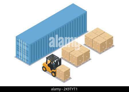 Chariot élévateur isométrique déchargeant des caisses empilées sur palette à partir d'un conteneur bleu au quai de déchargement. Sécurité lors de la manipulation d'un chariot élévateur. Logistique industrielle Illustration de Vecteur