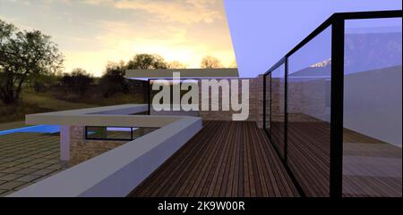 Terrasse avec parquet et toit ouvert dans une maison privée moderne et moderne lors d'une nuit étoilée quelques heures avant l'aube. 3d rendu. Banque D'Images