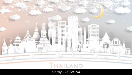 Vue panoramique de la ville de Thaïlande en style papier coupé avec White Buildings, Moon et Neon Garland. Illustration vectorielle. Concept de voyage et de tourisme. Illustration de Vecteur