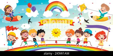 Enfants multiethniques jouant sur Rainbow Illustration de Vecteur