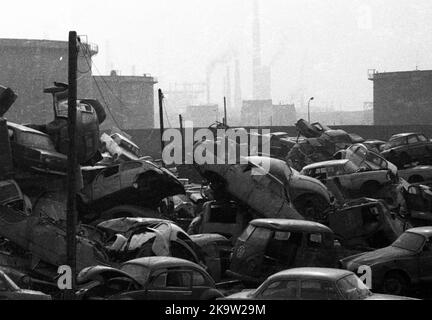 Pile of scrap cars on 25. 2. 1972 in Duisburg, Germany Stock Photo