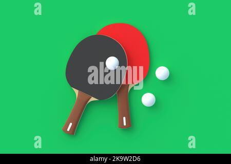 Pagaies de ping-pong avec balles sur fond vert. Jeu de loisirs. Équipement de sport. Concurrence internationale. Tennis de table. Vue de dessus. 3d rendu Banque D'Images