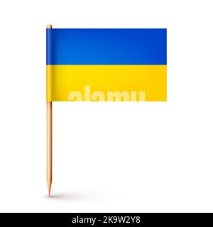 Drapeau de cure-dent ukrainien réaliste. Souvenir de l'Ukraine. Cure-dent en bois avec drapeau en papier. Repère d'emplacement, pointeur de carte. Maquette vierge pour la publicité Illustration de Vecteur