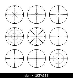 Divers points de vue de fusil de sniper, réticule d'oscilloscope optique d'arme. Viseur du canon de chasse. Symbole de marque de prise de vue, visez. Panneau de cible militaire. Interface de jeu Illustration de Vecteur