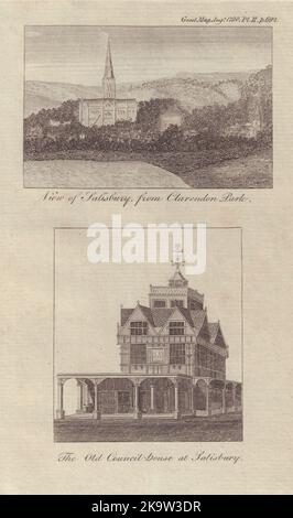 Cathédrale de Salisbury depuis le parc Clarendon et l'Old Council House. GENTS MAG 1790 Banque D'Images