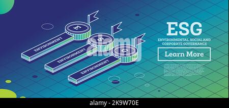 Concept ESG de l'environnement, de la société et de la gouvernance. Élément d'infographie avec trois éléments. Illustration vectorielle. Développement durable. Isométrique Illustration de Vecteur
