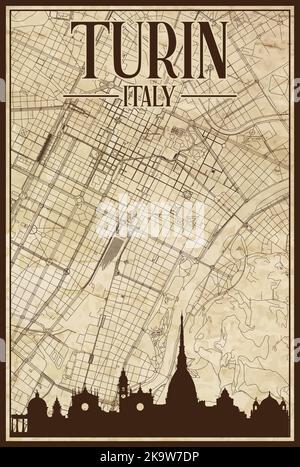 Carte imprimée du réseau des rues du centre-ville de TURIN, ITALIE Illustration de Vecteur