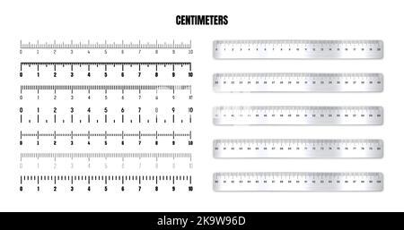 Règles métalliques réalistes avec échelle en centimètres noirs pour mesurer la longueur ou la hauteur. Diverses échelles de mesure avec divisions. Règle, mètre à ruban Illustration de Vecteur