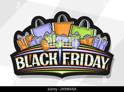 Logo Vector pour solde Black Friday, panneau d'affichage décoratif foncé avec illustration de sacs en papier à rayures orange, boîtes-cadeaux bleues avec noeud Illustration de Vecteur