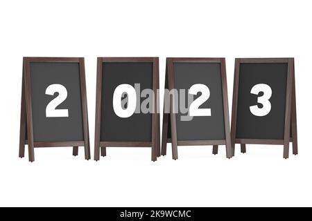 Menu en bois Blackboard Outdoor Displays avec 2023 ans Sign sur fond blanc. 3D rendu Banque D'Images