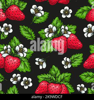 Motif fraise sans couture. Fleurs de baies dessinées à la main, feuilles d'arrière-plan sans fin pour le papier d'emballage, papier peint, tissu, conception de surface de couverture. Décoration pour cartes de vœux, affiches, estampes Illustration de Vecteur
