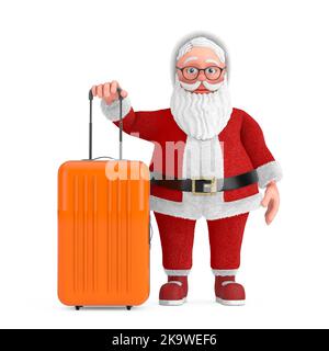 Dessin animé joyeux Père Noël Granpa avec Orange Travel Suitcase sur fond blanc. 3D rendu Banque D'Images