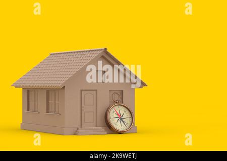 Abstrait carton Maison de famille Cottage Nodel et brillant bronze Vintage Boussole avec Windrose sur un fond jaune. 3D rendu Banque D'Images