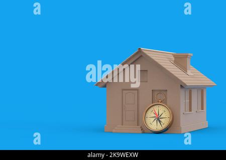 Abstrait carton Maison de famille Cottage Nodel et brillant bronze Vintage Boussole avec Windrose sur un fond bleu. 3D rendu Banque D'Images