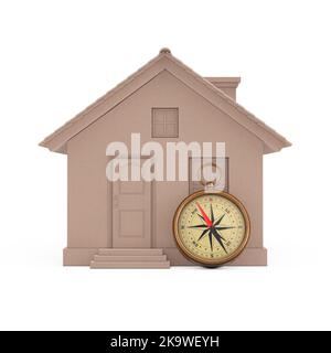 Abstrait carton Maison de famille Cottage Nodel et brillant bronze Vintage Boussole avec Windrose sur un fond blanc. 3D rendu Banque D'Images