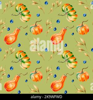 Citrouilles, épillet, bleuet aquarelle motif sans couture sur le vert. Légumes d'automne colorés dessinés à la main. Design pour l'emballage, textile, arrière-plan, f Banque D'Images