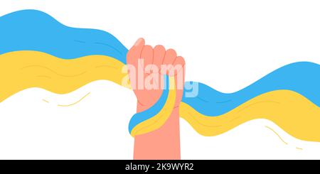 Lever la main avec le ruban du drapeau de l'Ukraine. Gloire à l'Ukraine, sauver les Ukrainiens, Stop War illustration vectorielle Illustration de Vecteur