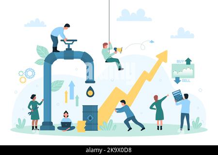 Illustration vectorielle industrie pétrolière, régulation des prix de la finance. Les minuscules personnages de caricature ouvrent la vanne sur le pipeline de production d'essence, contrôlent le forage et la croissance du prix du pétrole brut, le graphique fléché et le diagramme de l'augmentation Illustration de Vecteur
