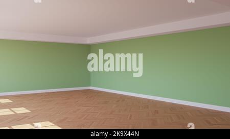 Coin de l'intérieur ensoleillé avec murs verts, plafond blanc et cornice, parquet brillant à chevrons et Plinth blanc. Concept de chambre non meublée. rendu 3D, Ultra HD 8K, 7680 x 4320 Banque D'Images