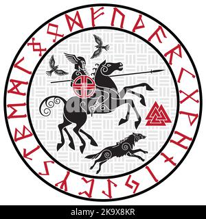 Dieu Wotan, équitation sur un cheval Sleipnir avec une lance et deux corbeaux dans un cercle de Norse runes. Illustration de la mythologie Norse Illustration de Vecteur